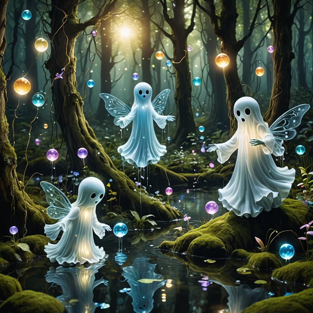 Water Ghosts Playing with Fairies in Enchanted Forest