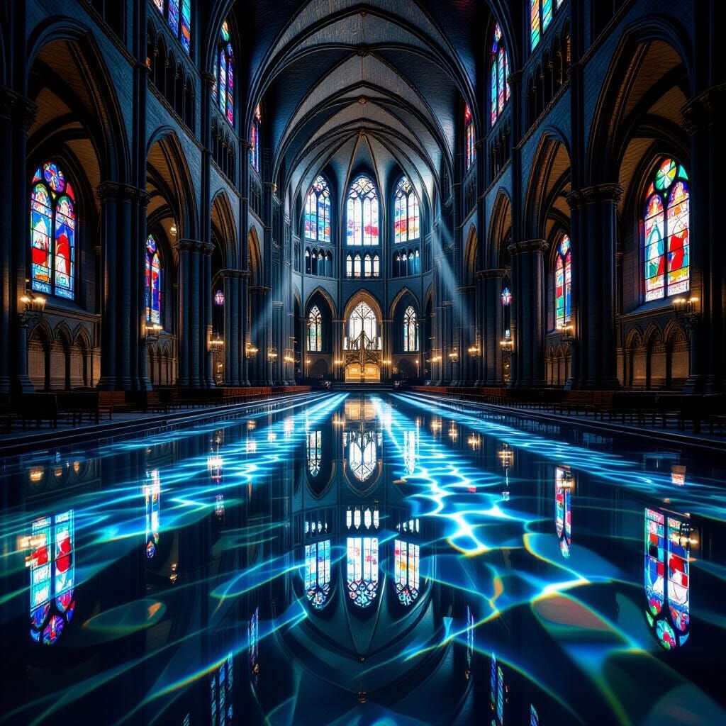 Gothic Cathedral Interior With Reflective Water Floor