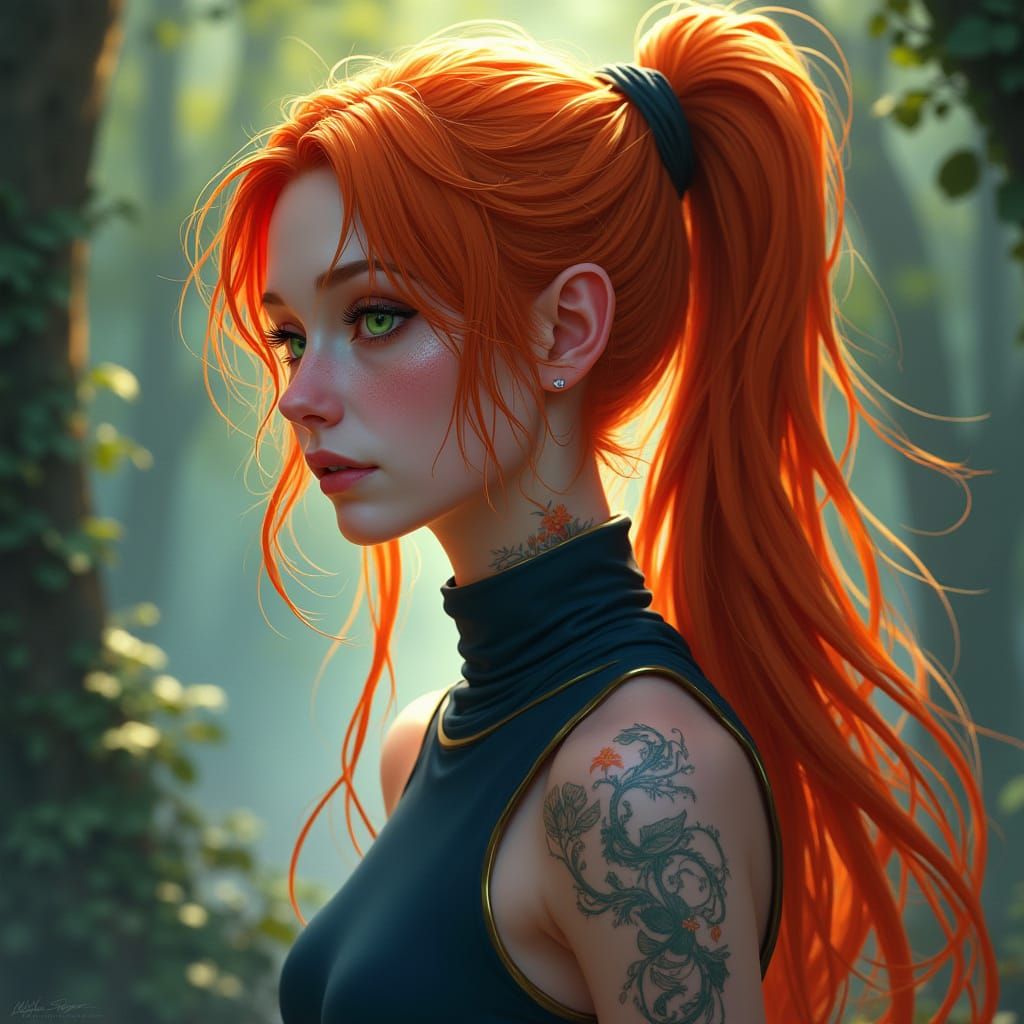Ethereal Elf Druid with Orange Hair and Dark Blue Tank Top