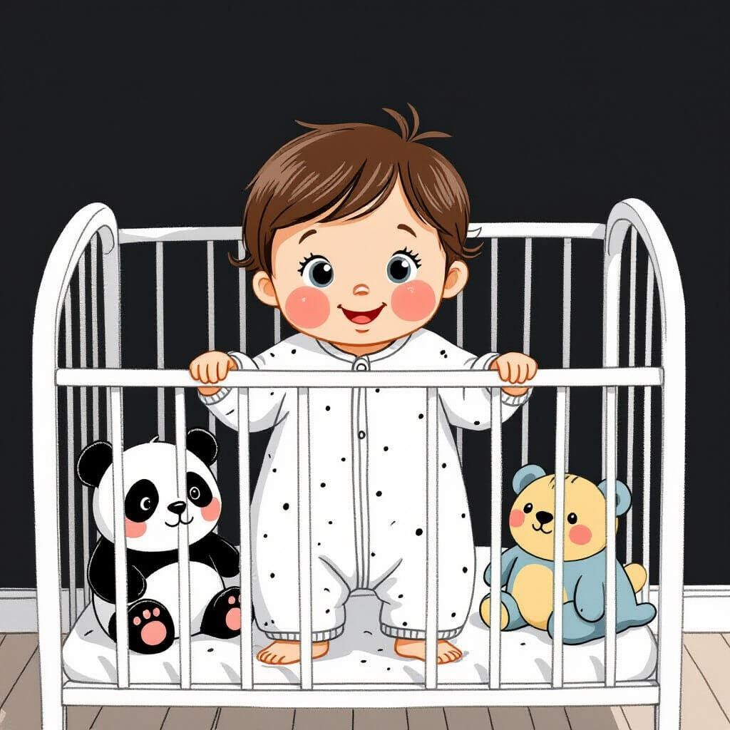 Asian Baby in Crib: Hand-Drawn Illustration