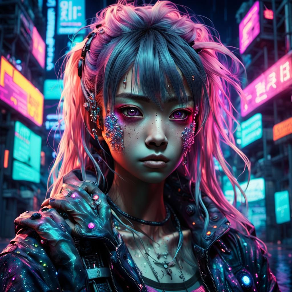 Fearful Gyaru Girl in Cyberpunk Cityscape