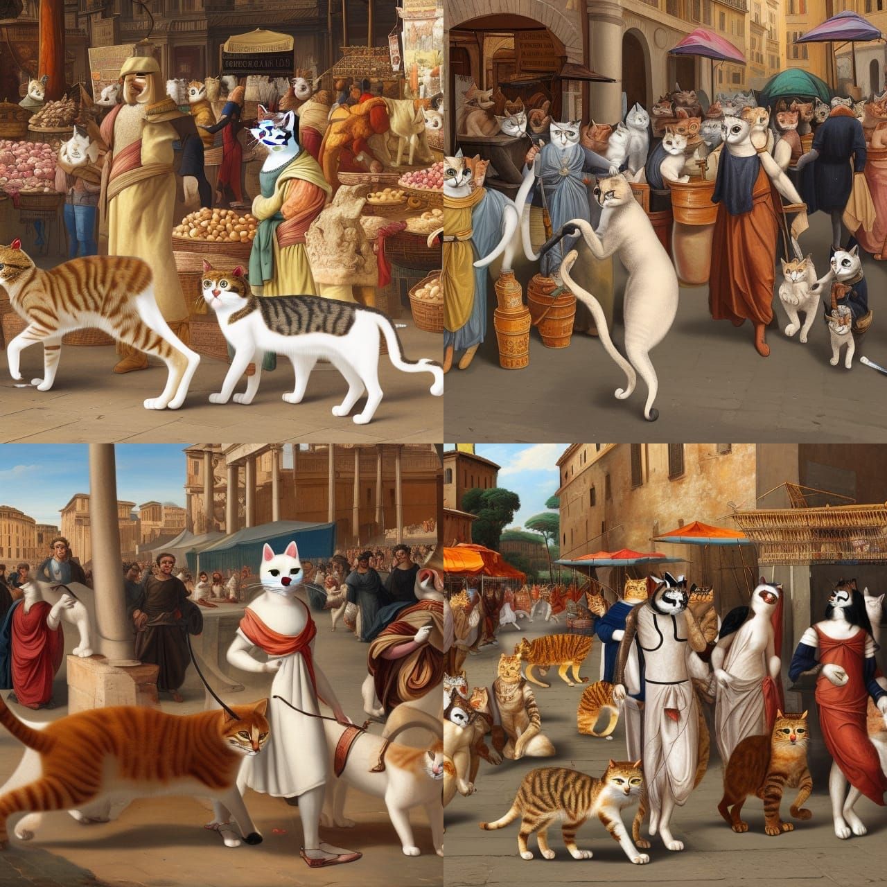 Anthropomorphic Cats in Ancient Rome Market, Renaissance Pai...