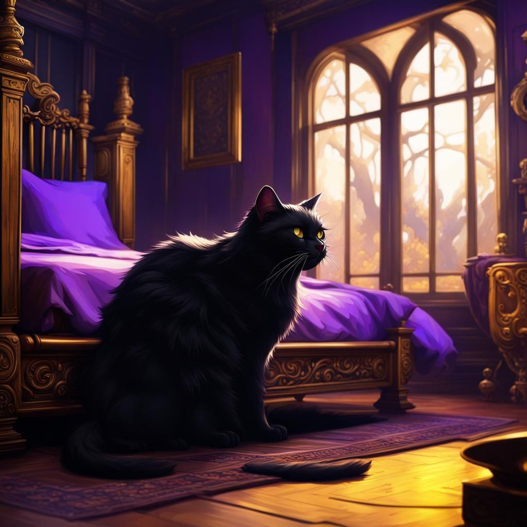 Chubby Black Cat's Leap: Dark Fantasy Concept Art