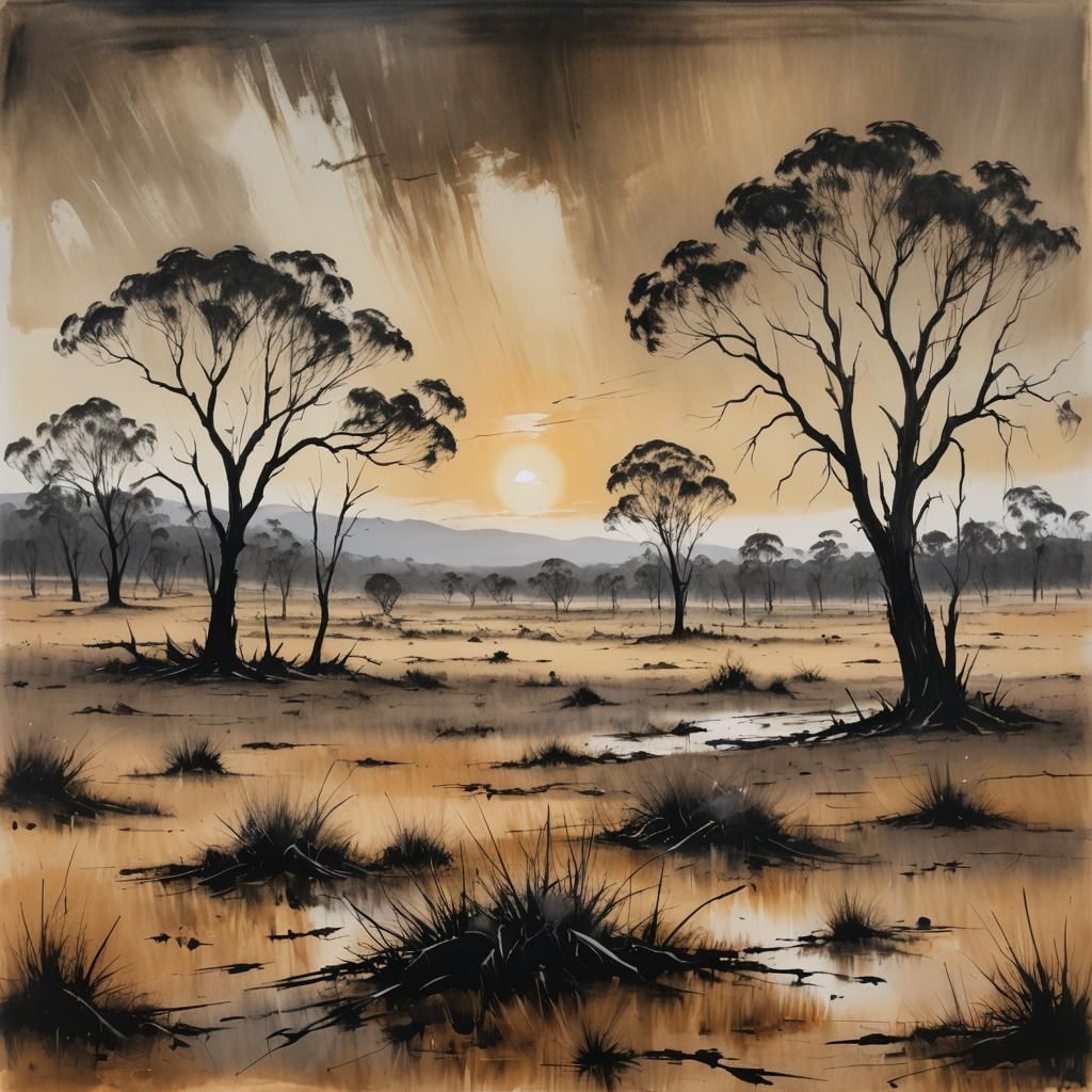 Dry Australian Landscape in Earthy Tonalism Style Ink Painti...