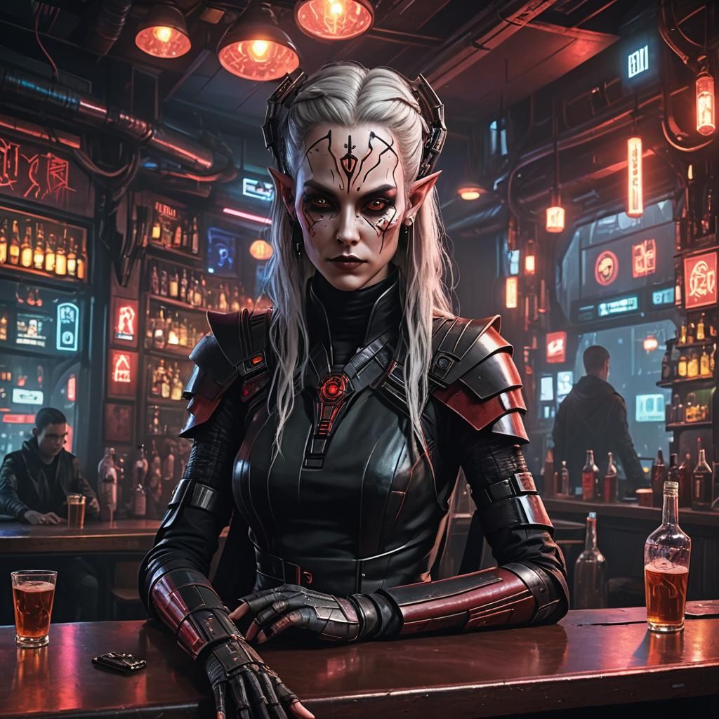 Sith Lord Elf in Cyberpunk Bar Scene