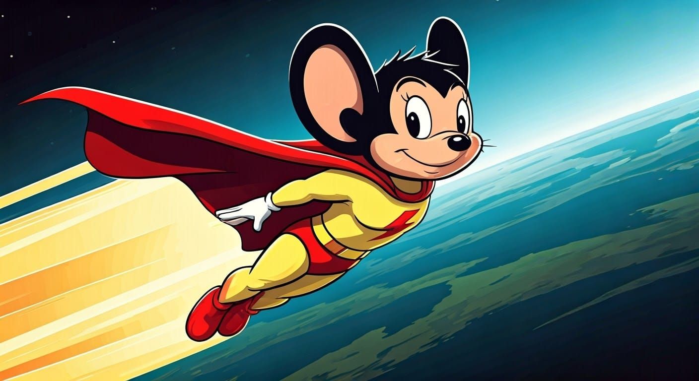 Classic Comic Strip Art of Mighty Mouse in Flight