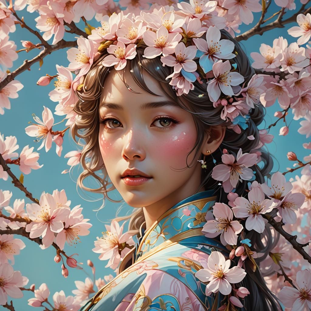 Hyperdetailed Cherry Blossom Portrait in Art Nouveau Style