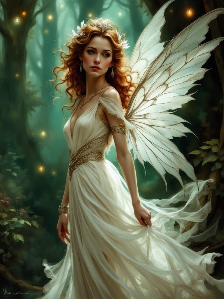 Regal Fairy in White Lace Gown in Enchanted Forest