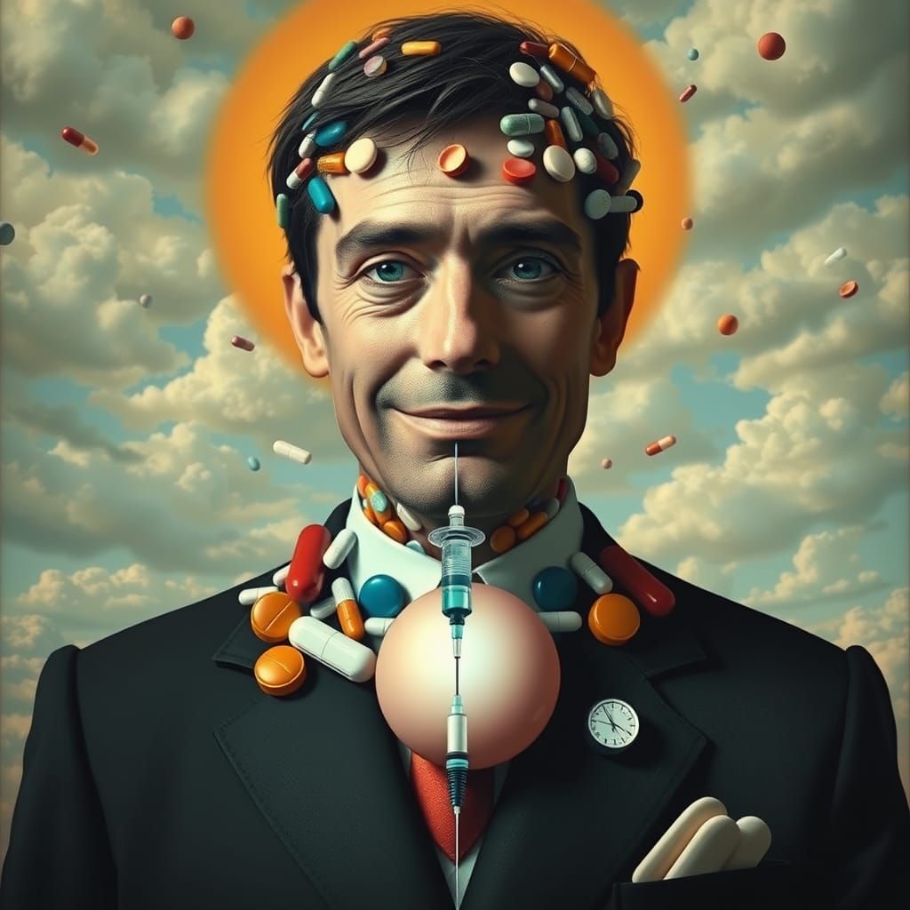 Surrealist Figure Made of Pills and Tablets Smiles in Despai...