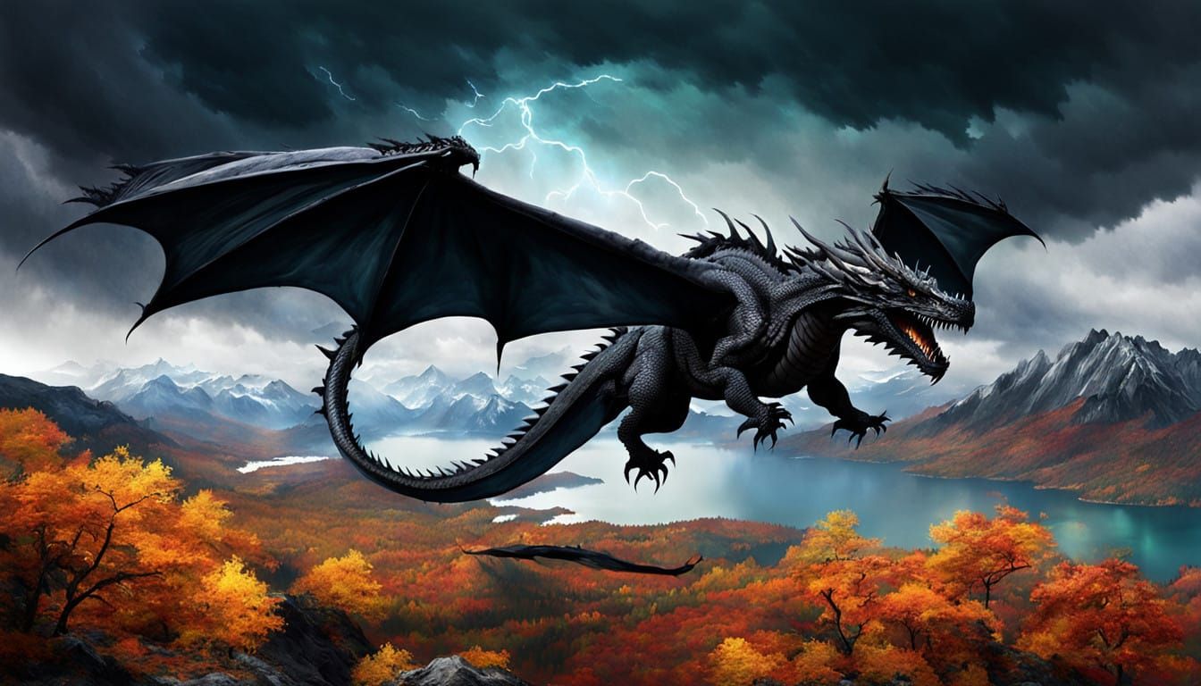Surreal Black Dragon Soars Over Autumn Wilderness