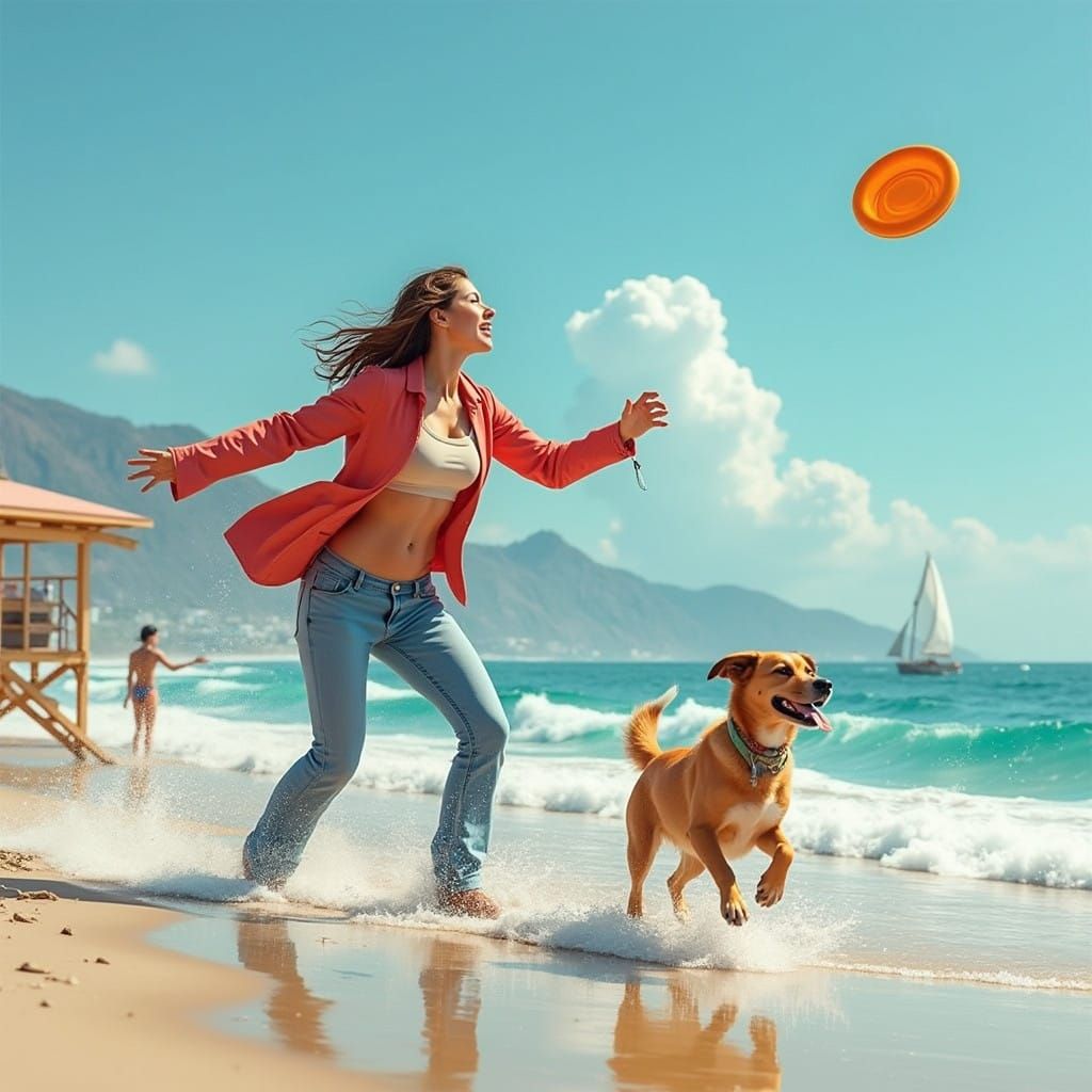 Attractive Beachside Frisbee Scene in Photorealistic Style
