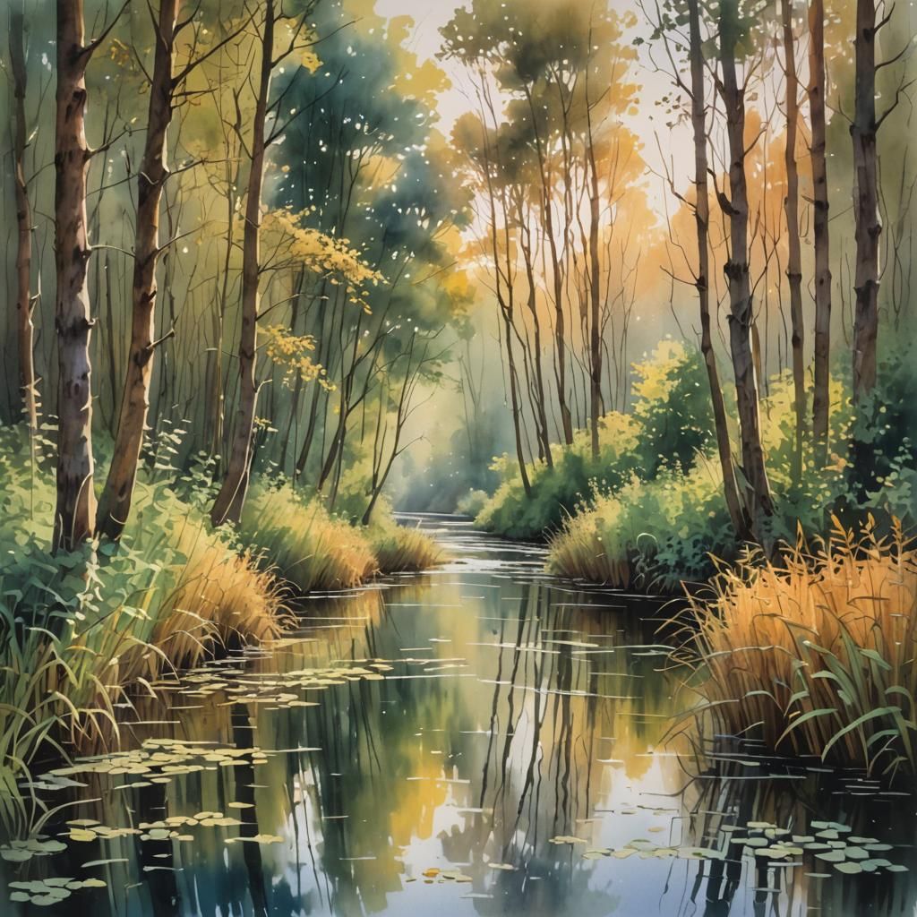 Lush Forest River in Watercolor Style