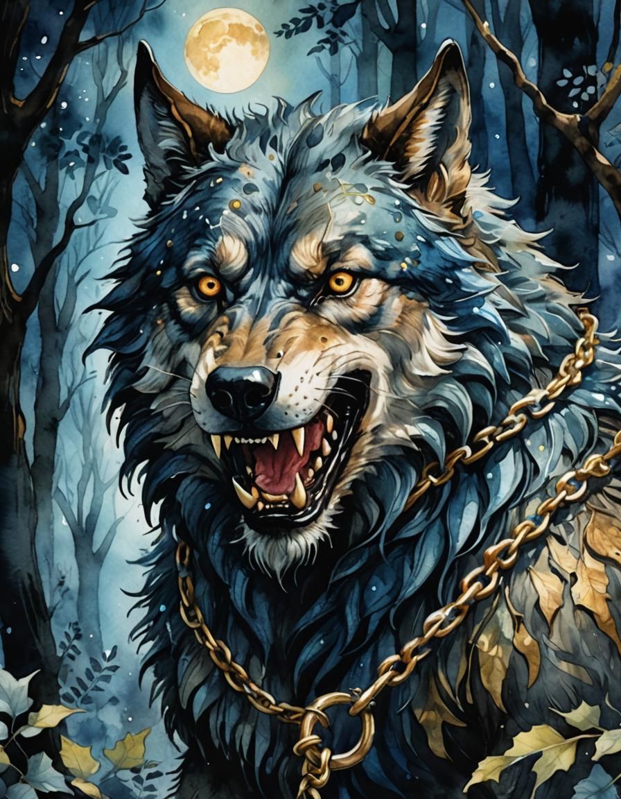Watercolor Werewolf Portrait in Forest Clearing