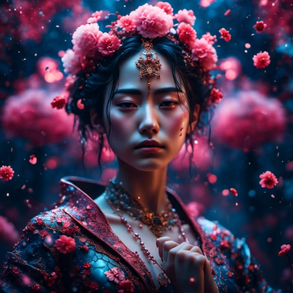 Japanese Woman with Pearls and Sakura Petals