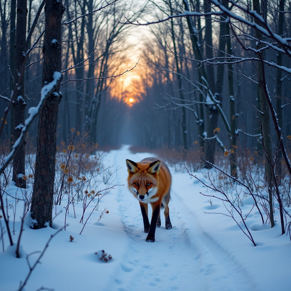 Fox in Snowy Woods at Twilight