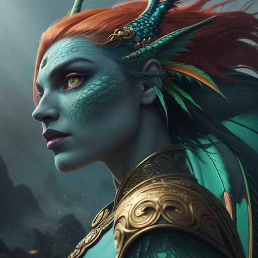 Dragon Woman Portrait with Peacock Feathers