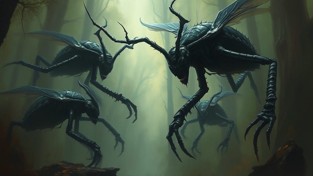 Ethereal, Sinister Insect Beasts in a Dark Forest, Oil Paint...