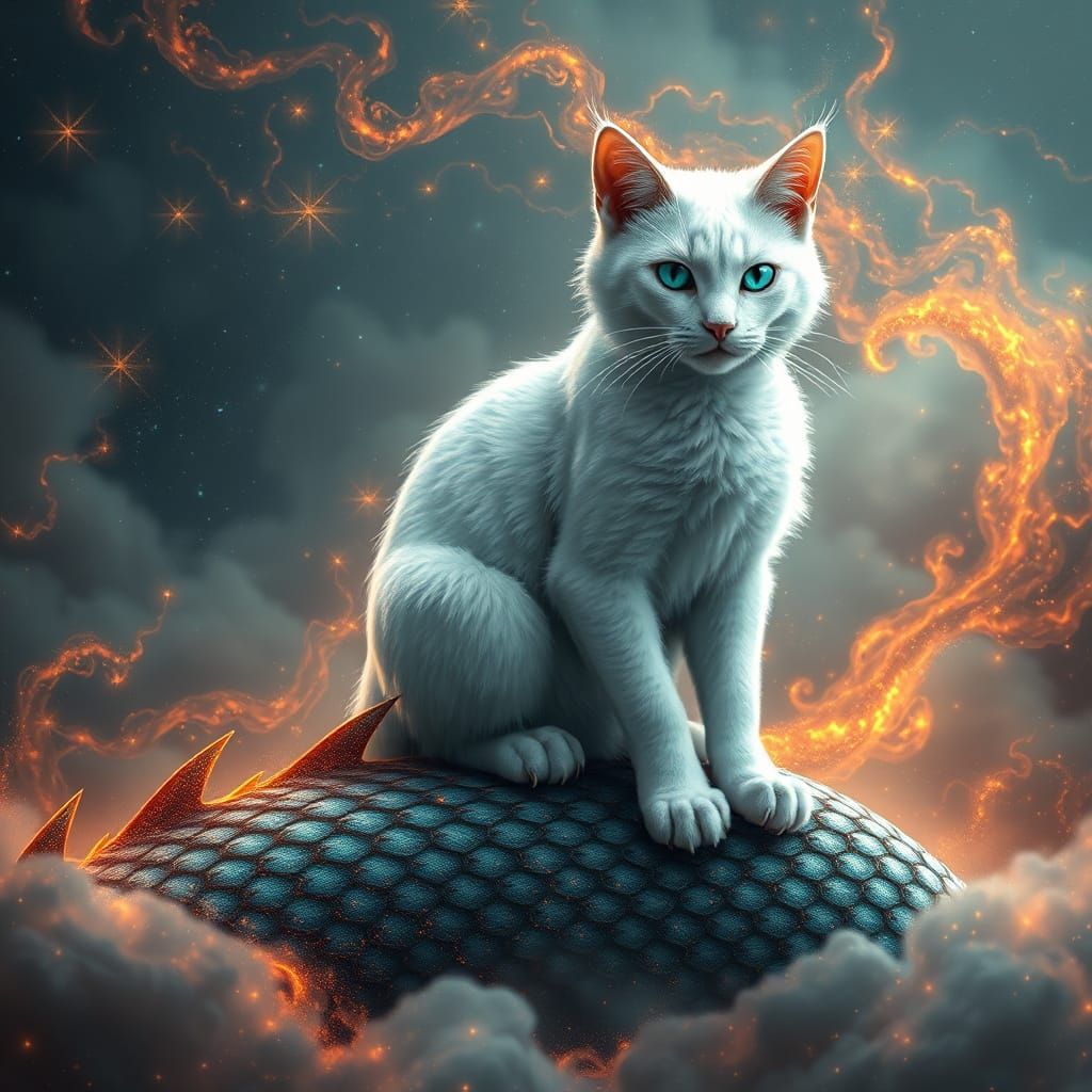 Majestic Snow-White Cat Dominates Regal Dragon in Dreamlike ...
