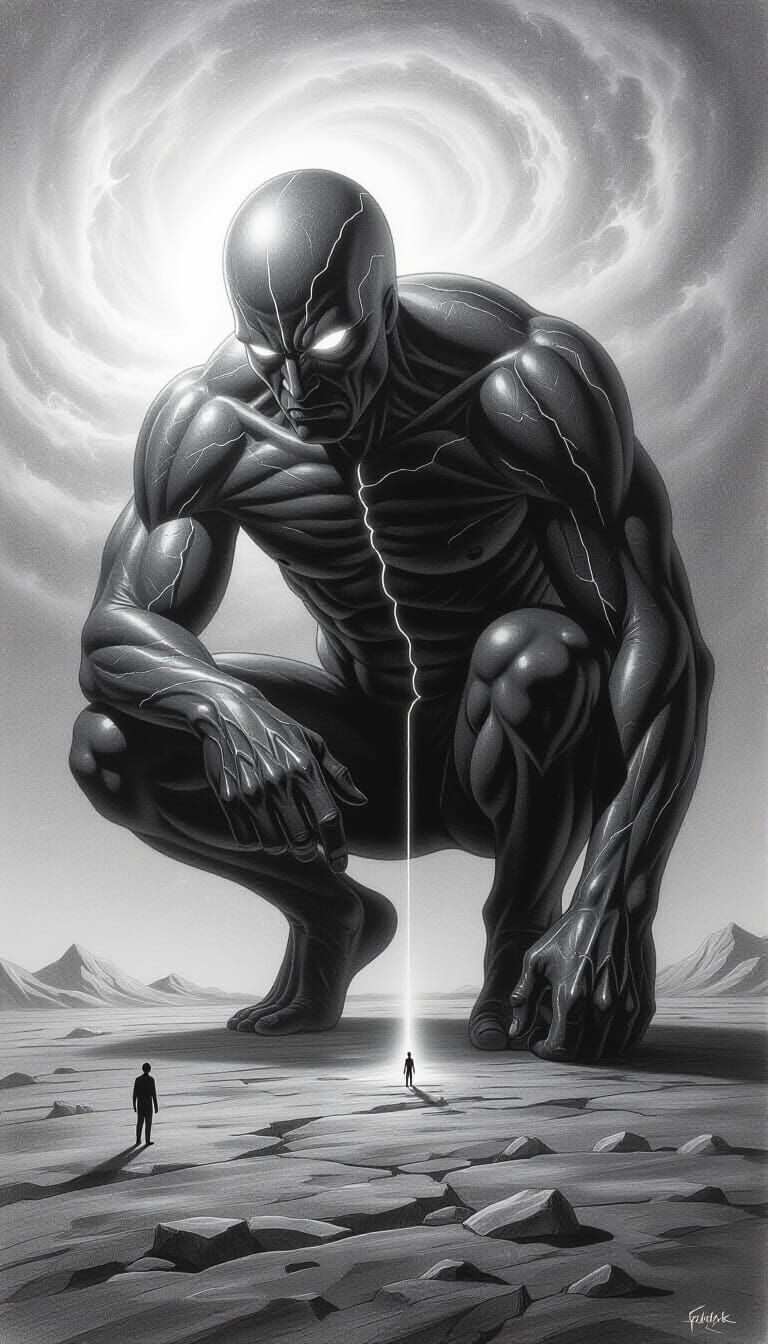 Celestial Titan Meets Human Silhouette in Stark Drawing