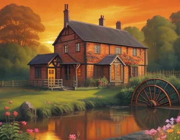 Picturesque Cottage at Blazing Sunset in Art Deco Style