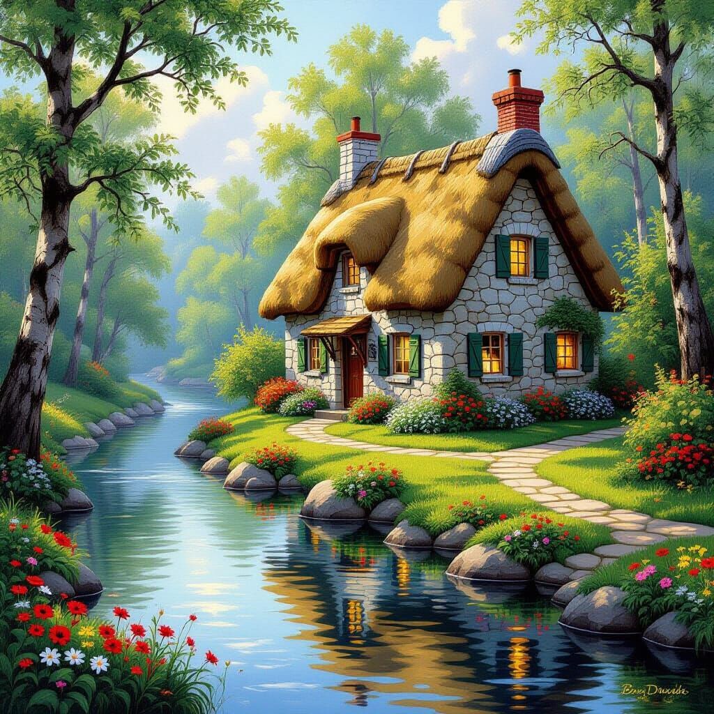 Idyllic Cottage by a River in Painterly Style