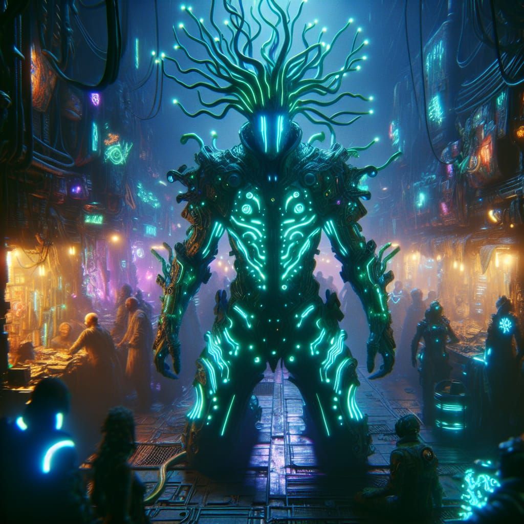 Bioluminescent Biopunk Ent in Dystopian Market