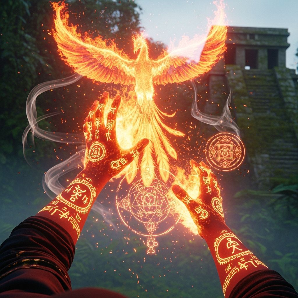 Fire Alchemist Conjuring Phoenix in Psychedelic 3D Render