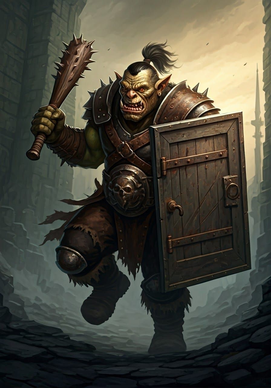 Ogre Warrior Charges with Prison Door Shield in Fantasy Art