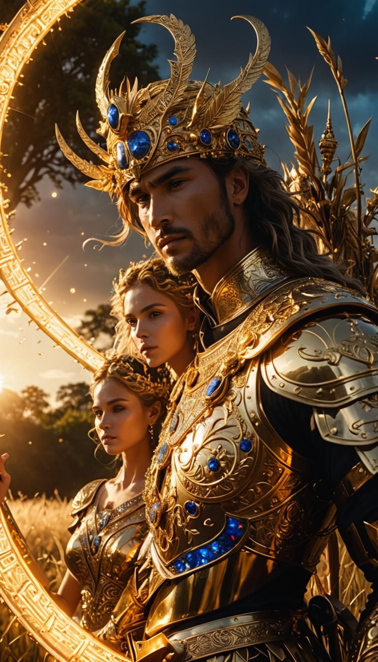 Celestial Being and Warrior in Golden Chariot