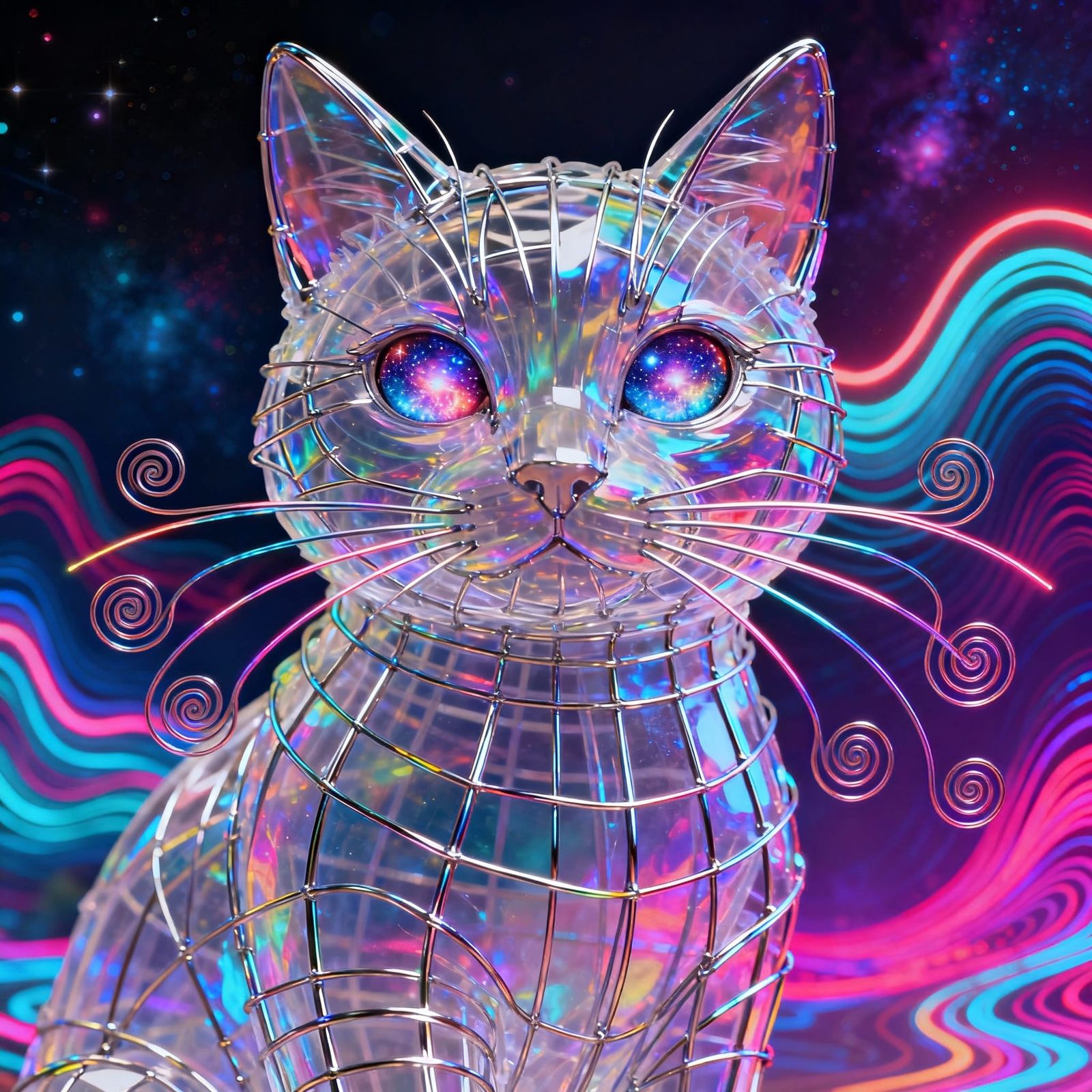 Iridescent Wireframe Cat With Galaxy Eyes
