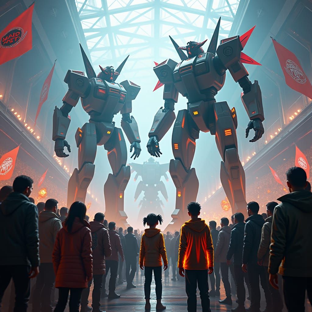 Epic Mecha Battle in High-Tech Arena