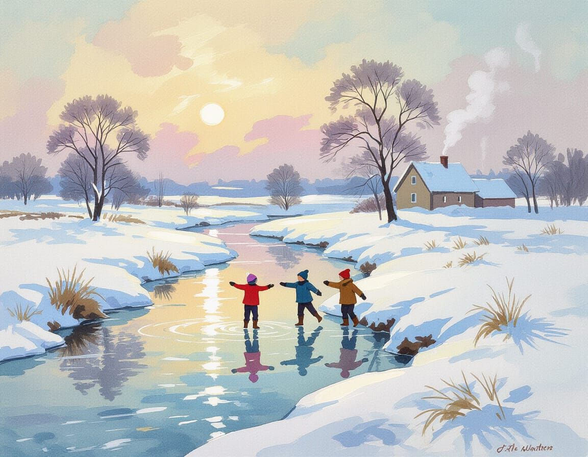 Children Play on Frozen Stream in Winter Watercolor Landscap...