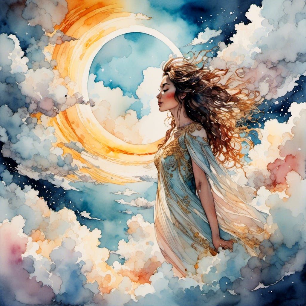 Watercolor Sunburst Through Clouds: A New Beginning