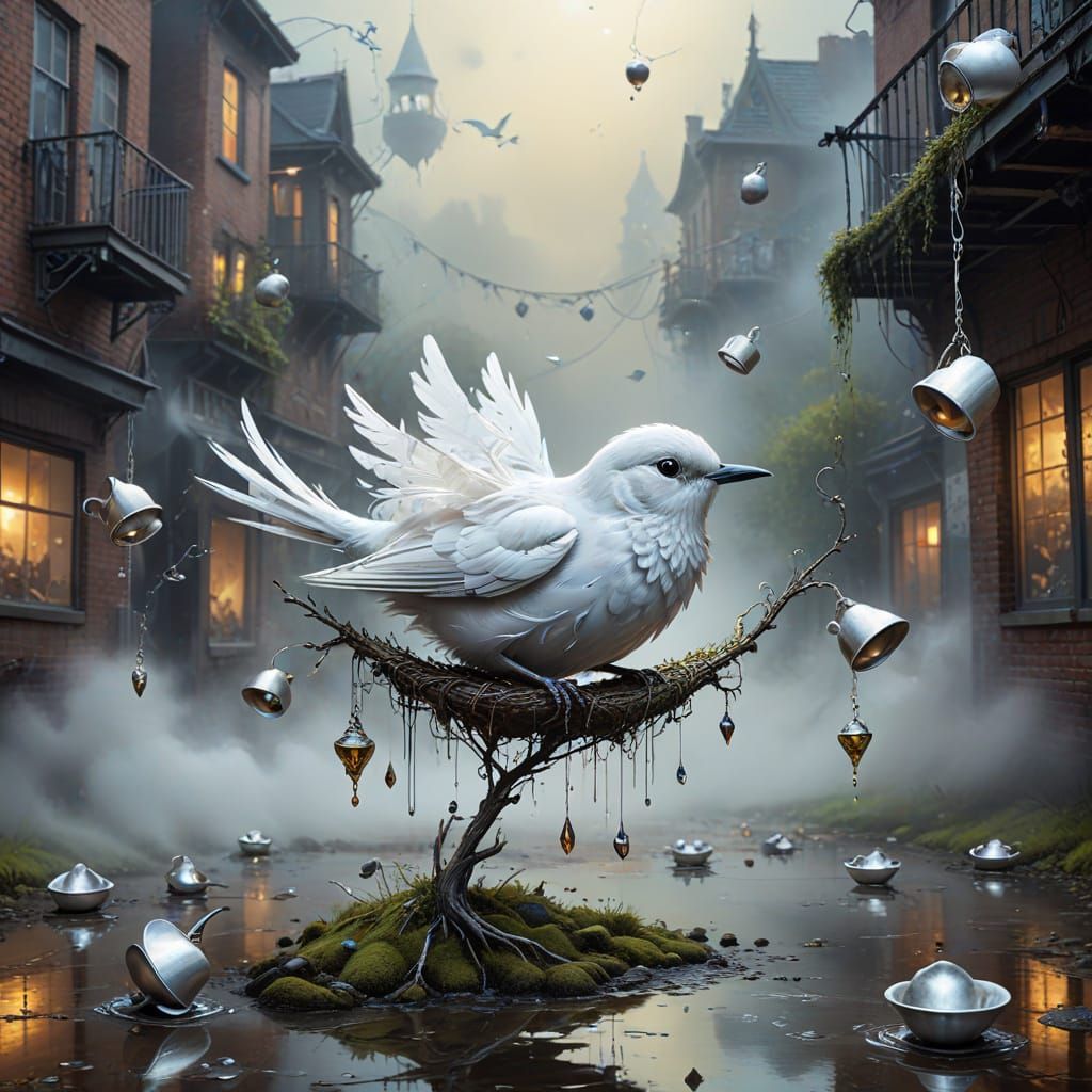 Ethereal Bird Sits on Twisting Branch in Surreal Misty Void