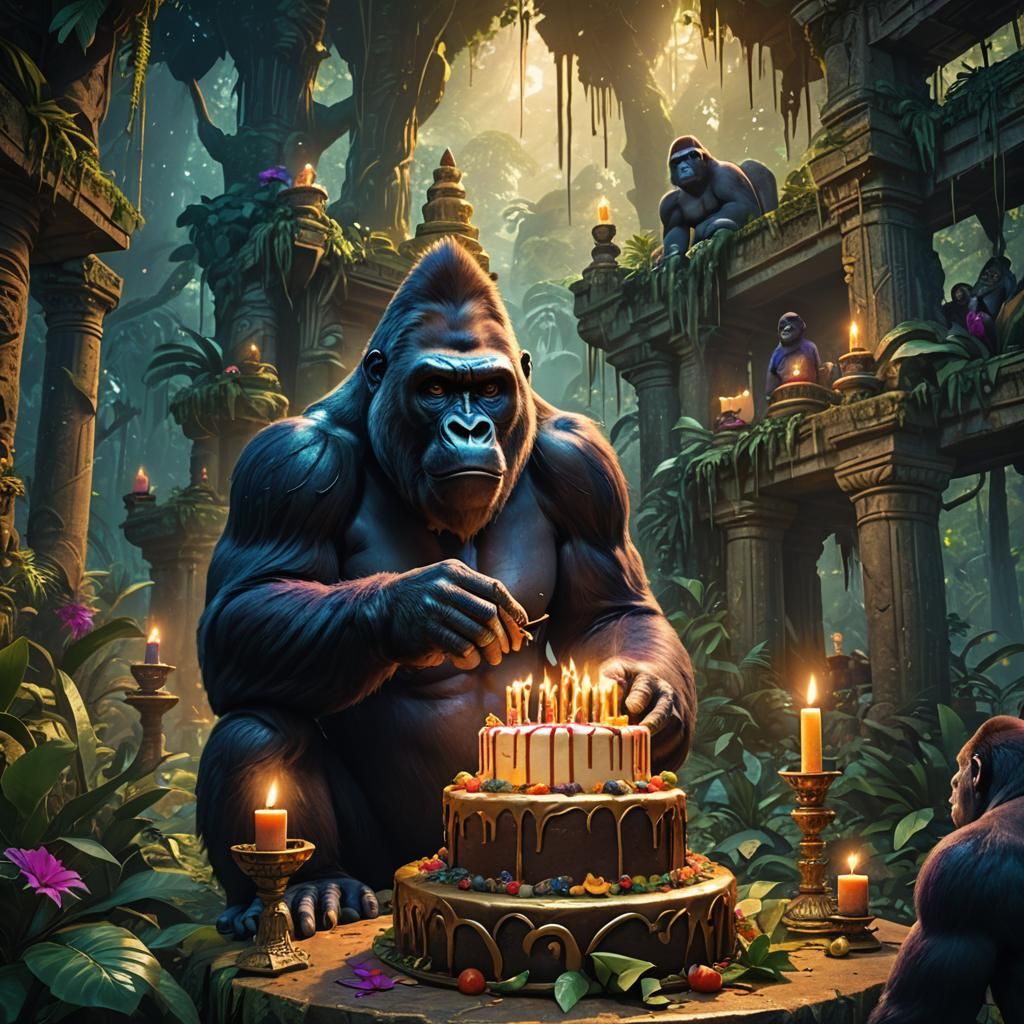 Gorilla Celebrates Birthday in Jungle Temple