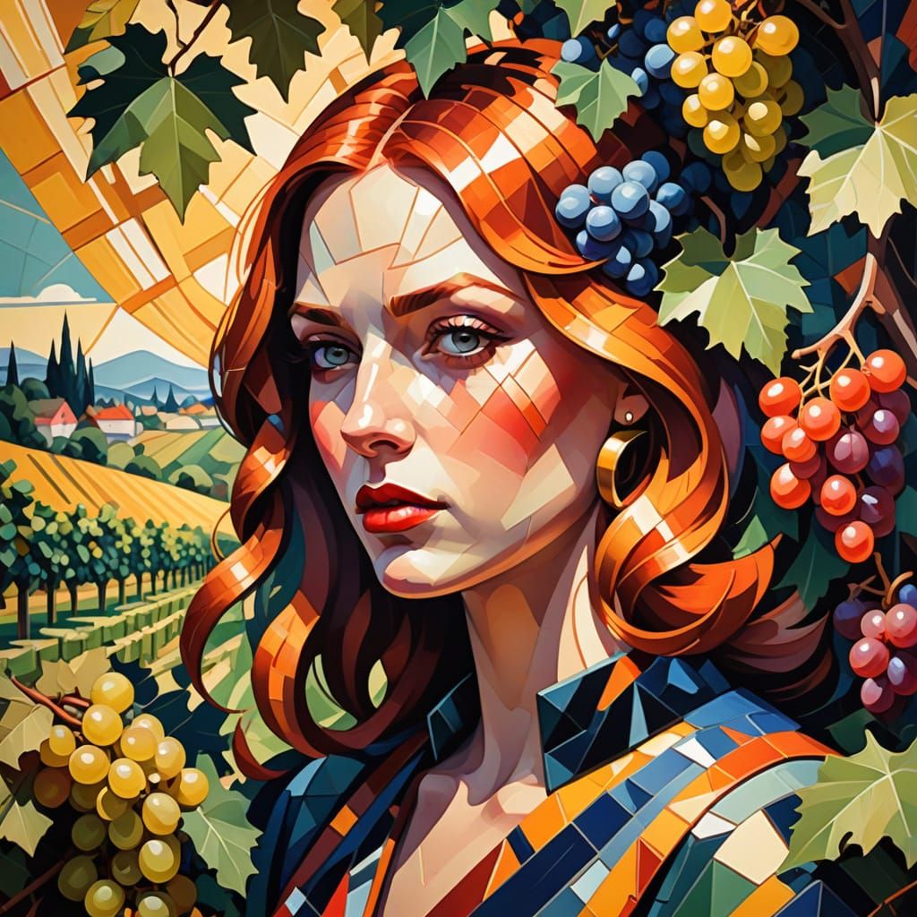 Vibrant Cubist Harvest Scene with Red-Haired Girl