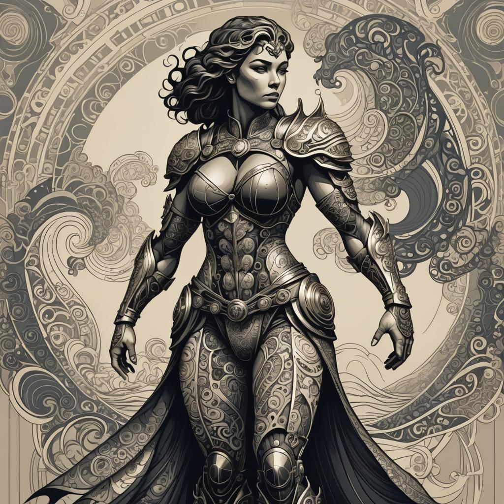 Retro Warrior Woman Portrait with Fractal Elements