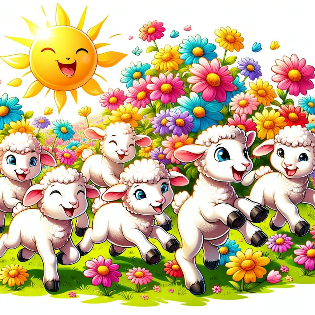Cartoon Lambs Playing in Sunny Meadow