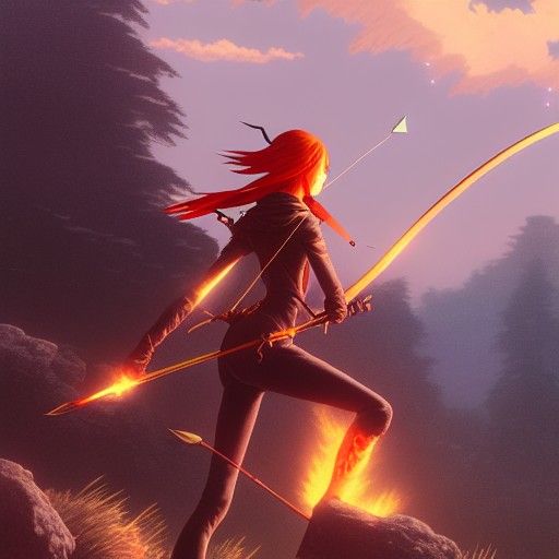 Redhead Warrior with Flaming Bow in Anime Style
