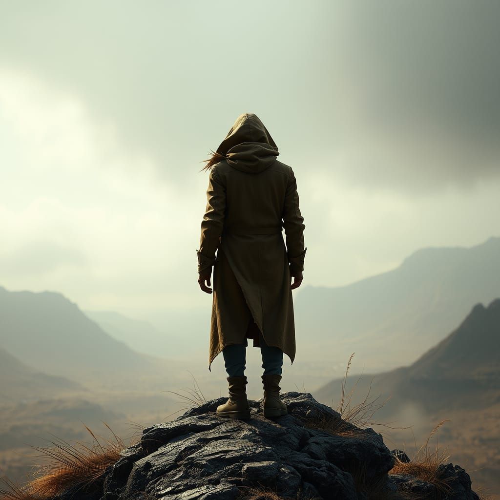 Ethereal Wanderer on Windswept Hillside