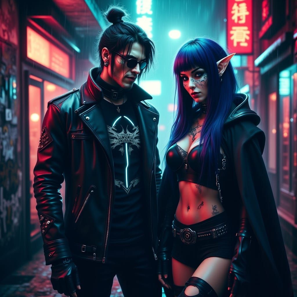 Cyberpunk Orc and Elf in a Rain-Soaked Alleyway