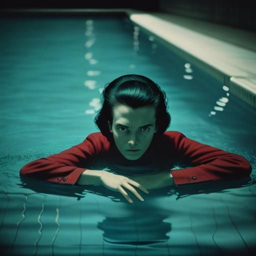 Scared Woman in Dark Pool: 1950s Film Still
