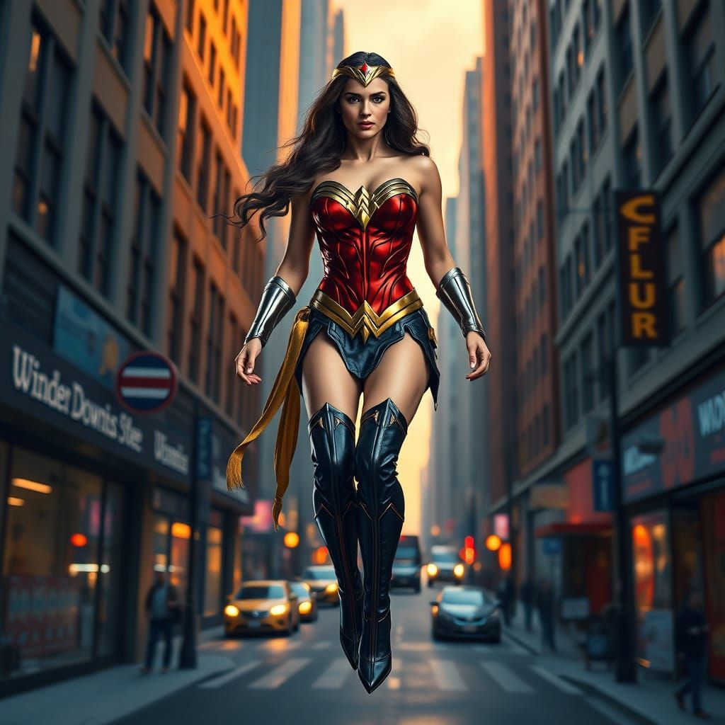 Wonder Woman Skywalks Confidently to Bustling City Street