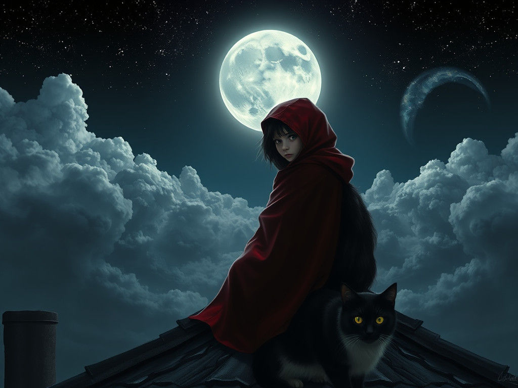 Ethereal Rooftop Scene with Girl, Cat, and Moon