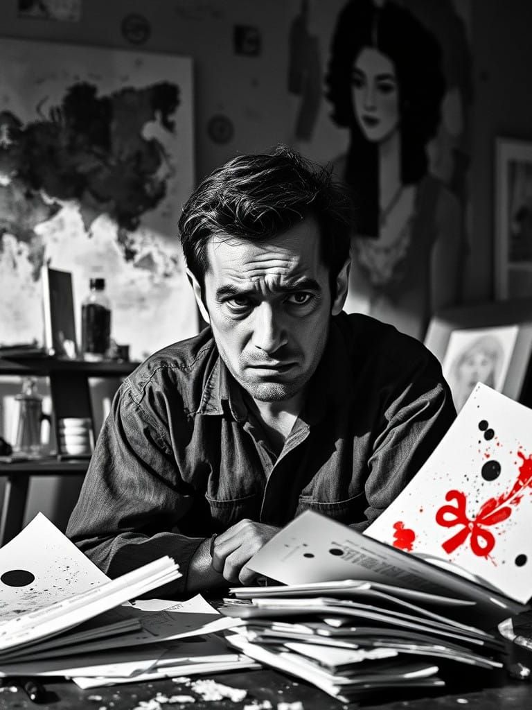 Artist Wrestles with Creative Dilemma in High-Contrast Black...