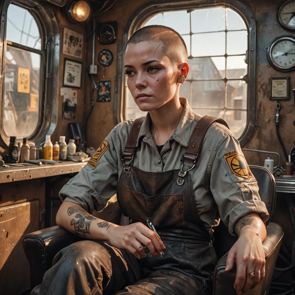 Tattooed Mechanic in a Spaceship Tattoo Parlor