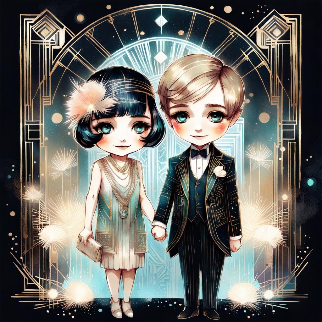 Art Deco Chibi Couple in Pastel Illustration