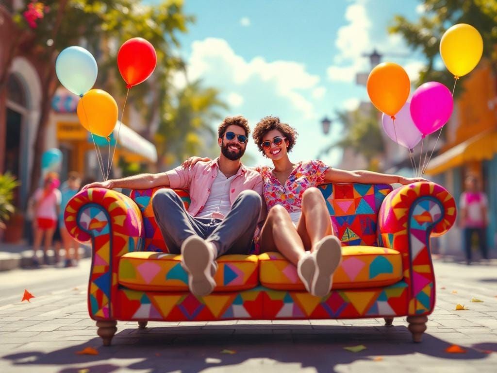 People Ride Decorated Sofa in Digital Painting Style