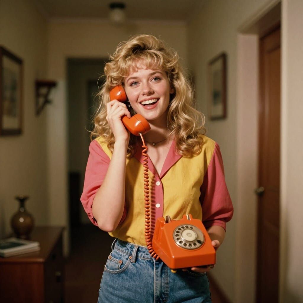 Woman in 80s Outfit Talking on Orange Dial Phone