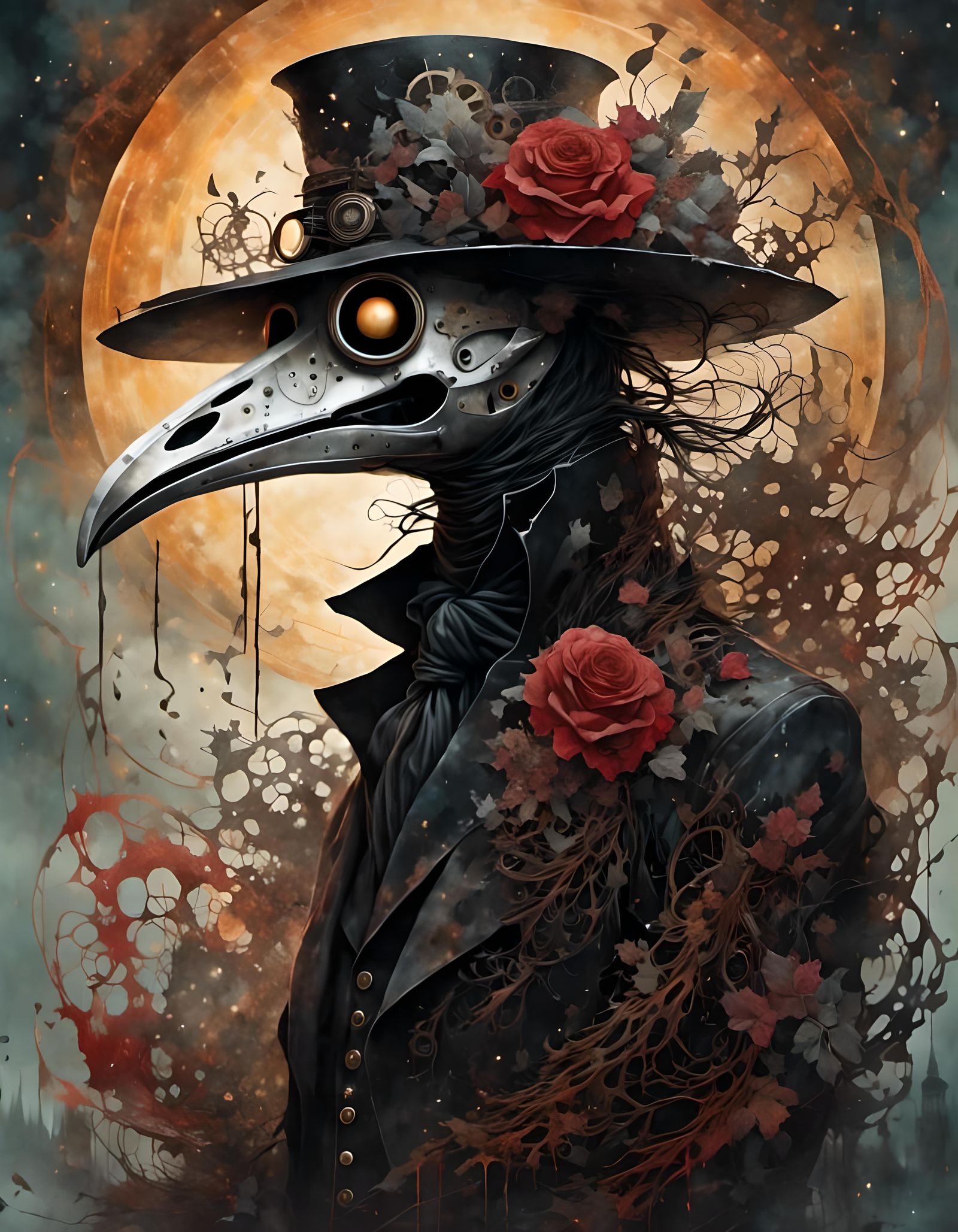 Steampunk Plague Doctor in Black Roses